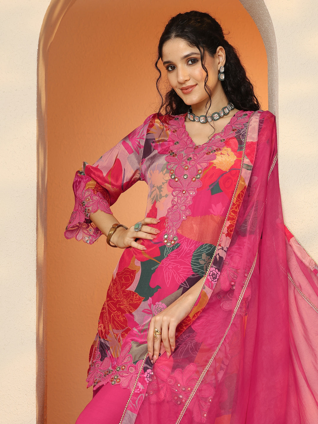 Pink Printed Crepe Straight Suit Set With Dupatta