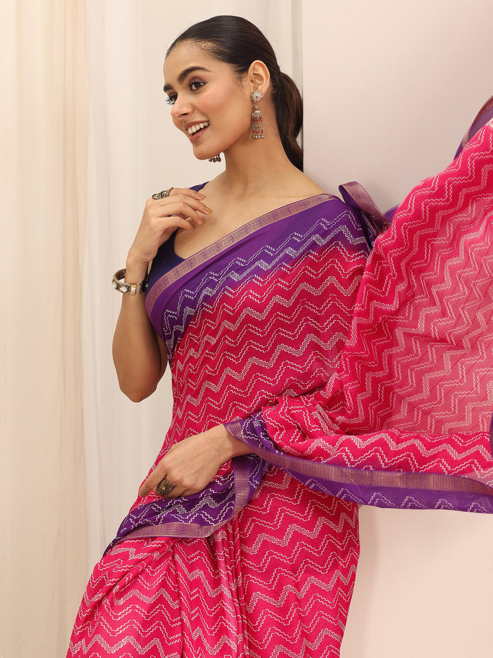 Pink Printed Georgette Saree With Unstitched Blouse Piece