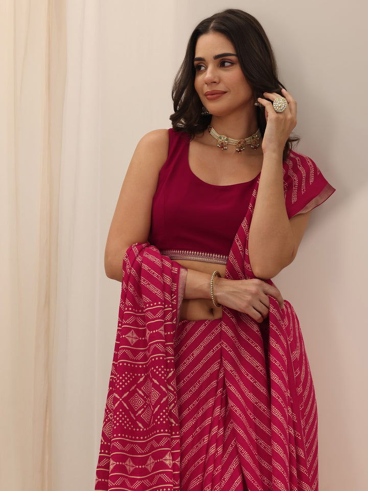 Pink Printed Georgette Saree With Unstitched Blouse Piece