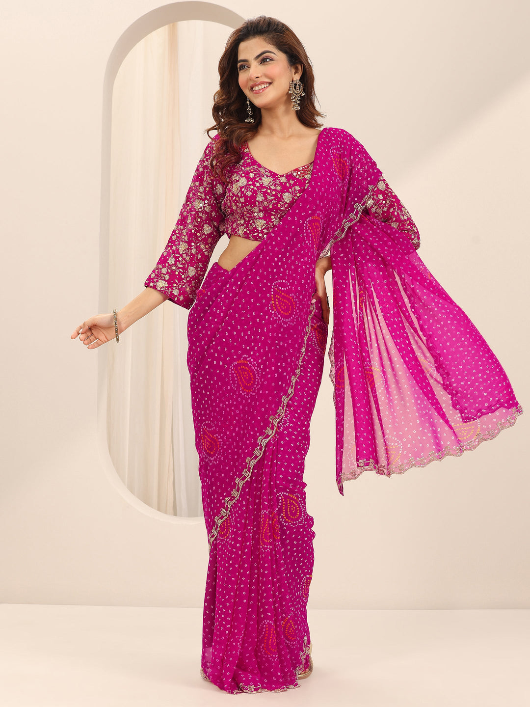 Pink Printed Georgette Saree With Unstitched Blouse Piece