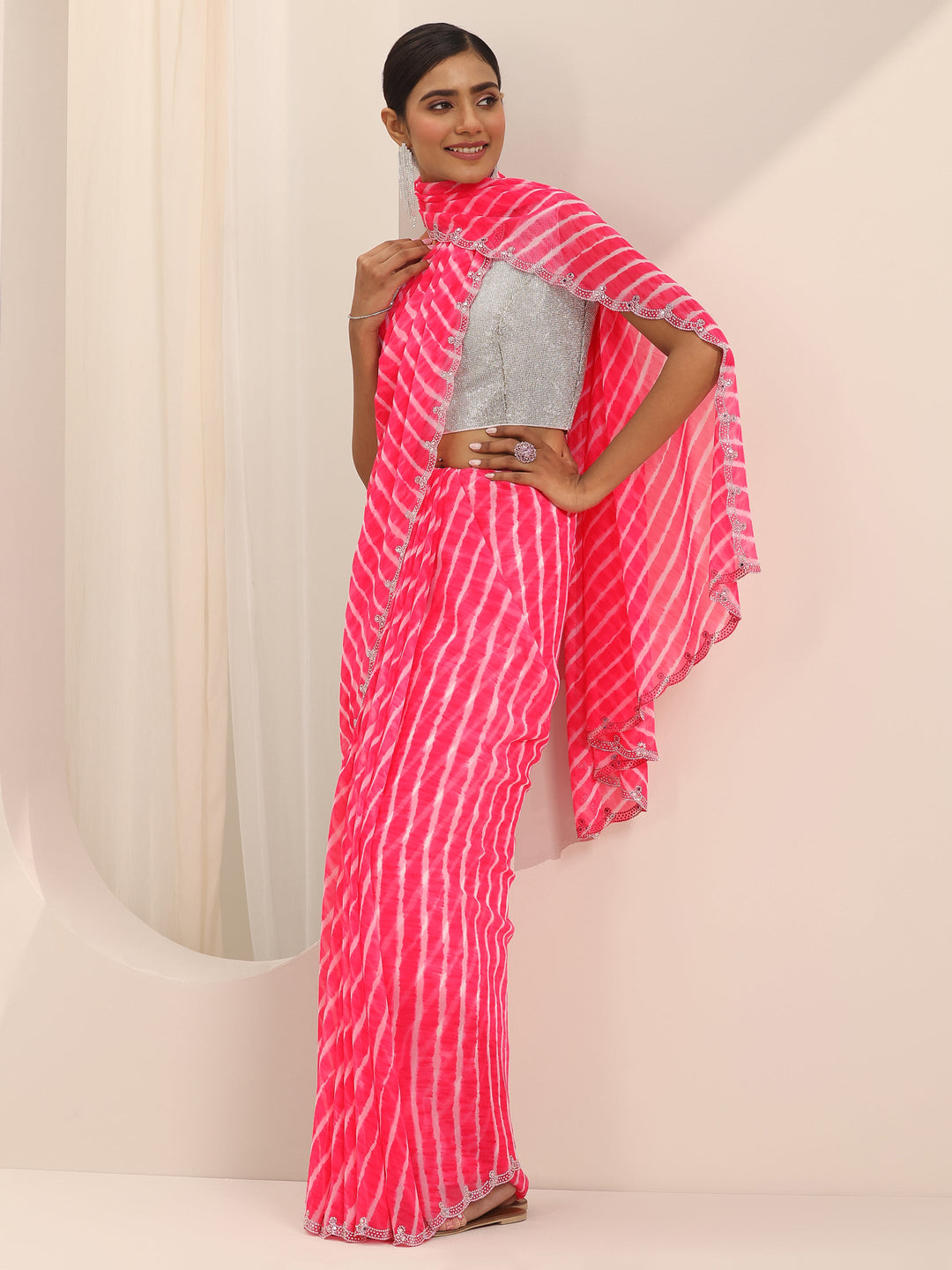Pink Printed Georgette Saree With Unstitched Blouse Piece