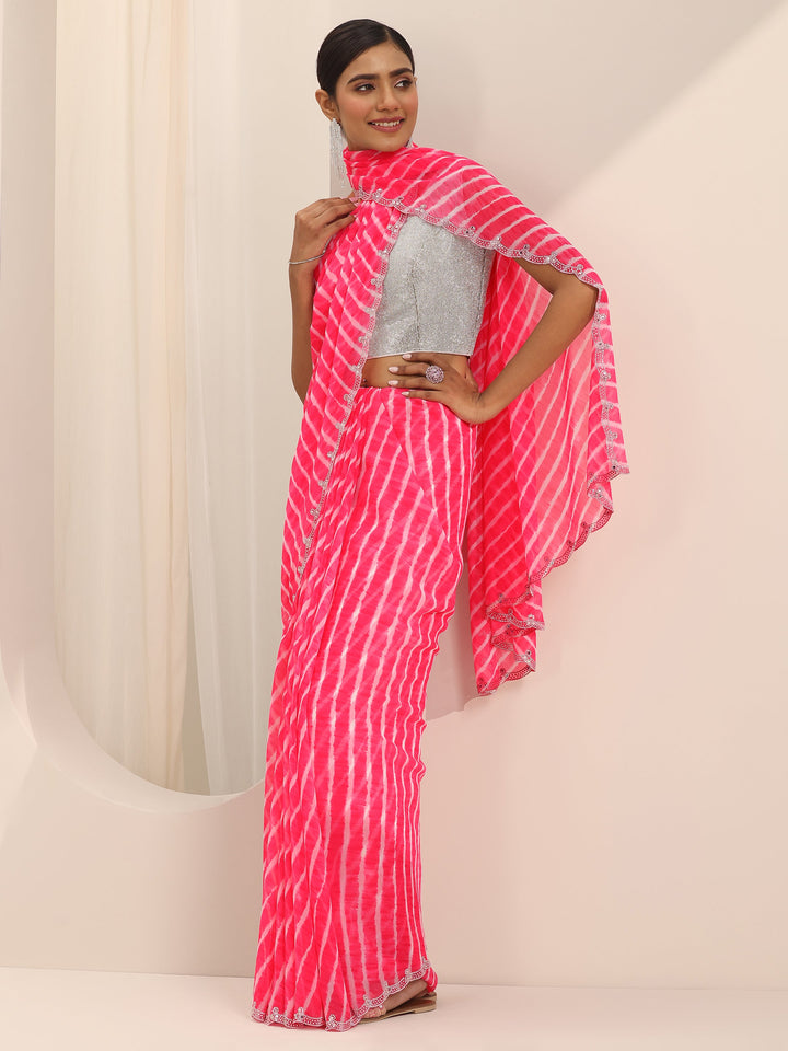 Pink Printed Georgette Saree With Unstitched Blouse Piece