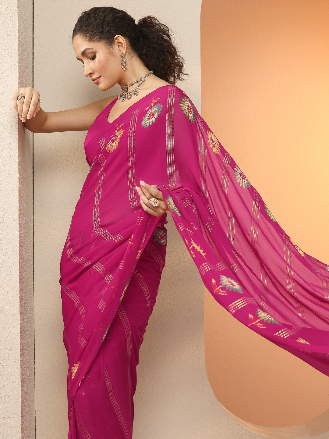 Pink Printed Georgette Saree With Unstitched Blouse Piece