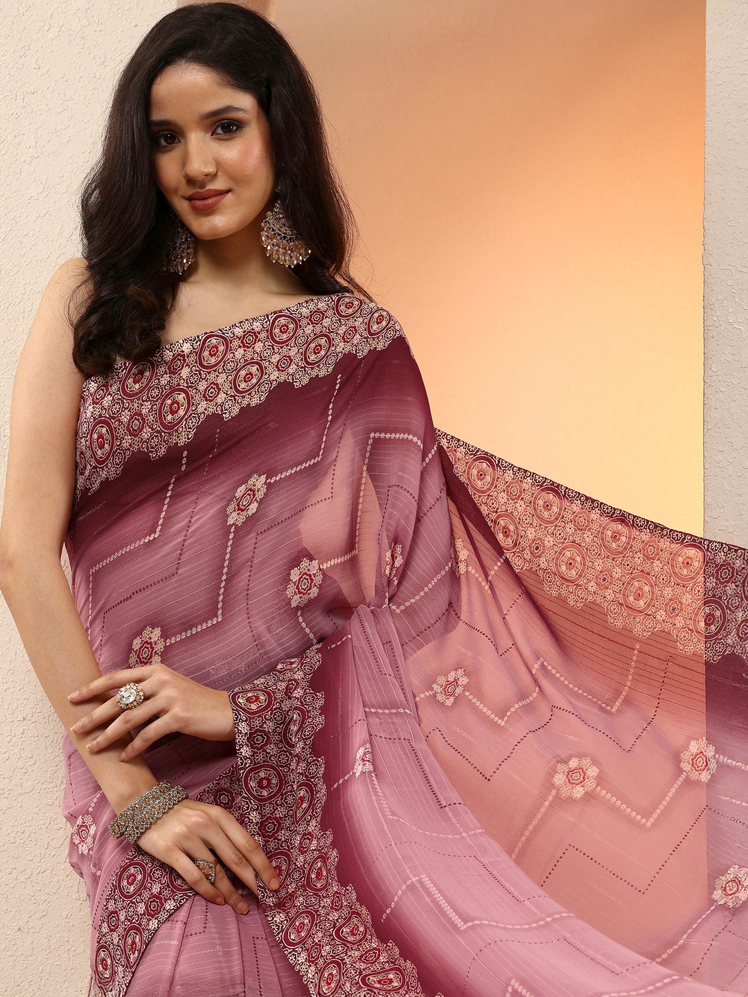 Pink Printed Georgette Saree With Unstitched Blouse Piece