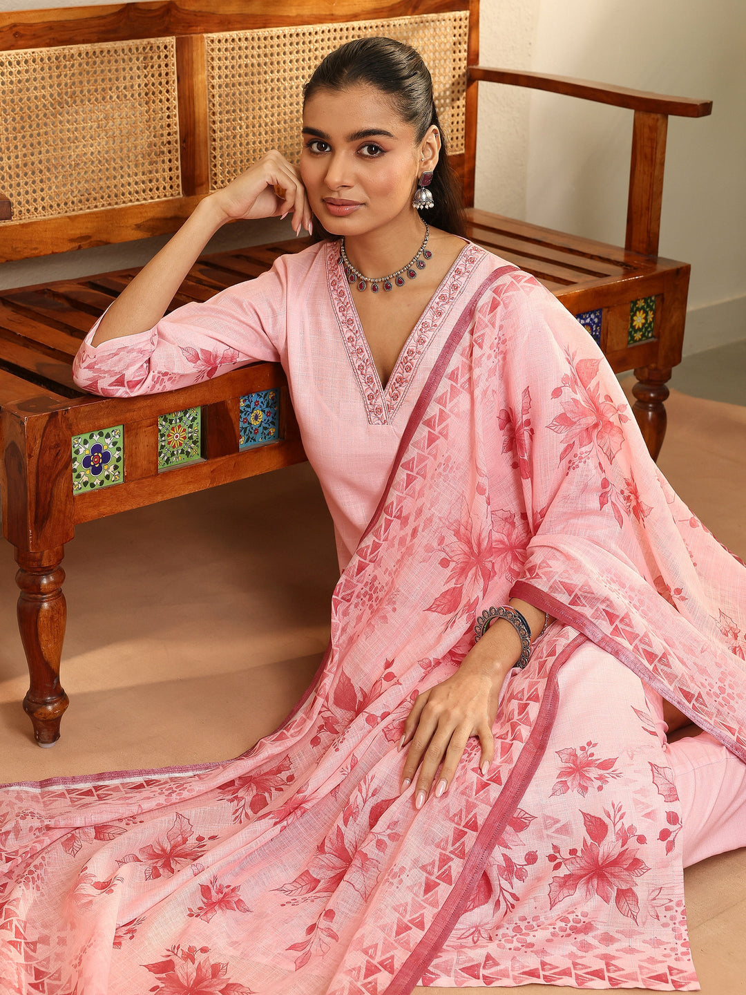 Pink Printed Linen Straight Suit Set With Dupatta