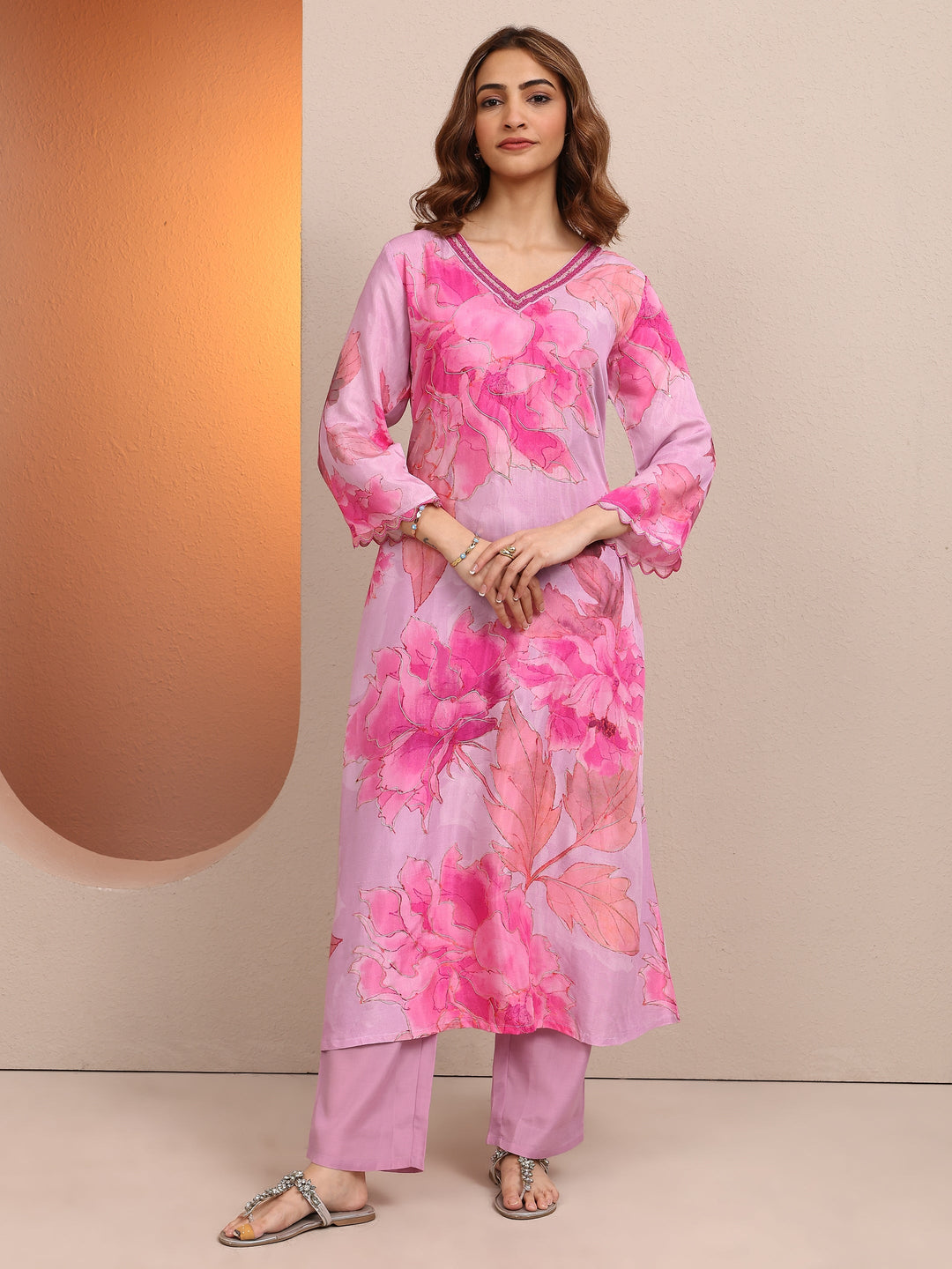 Pink Printed Muslin A-line Kurta Set