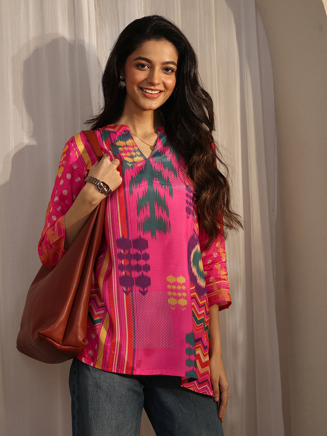 Pink Printed Muslin Straight Short Kurti