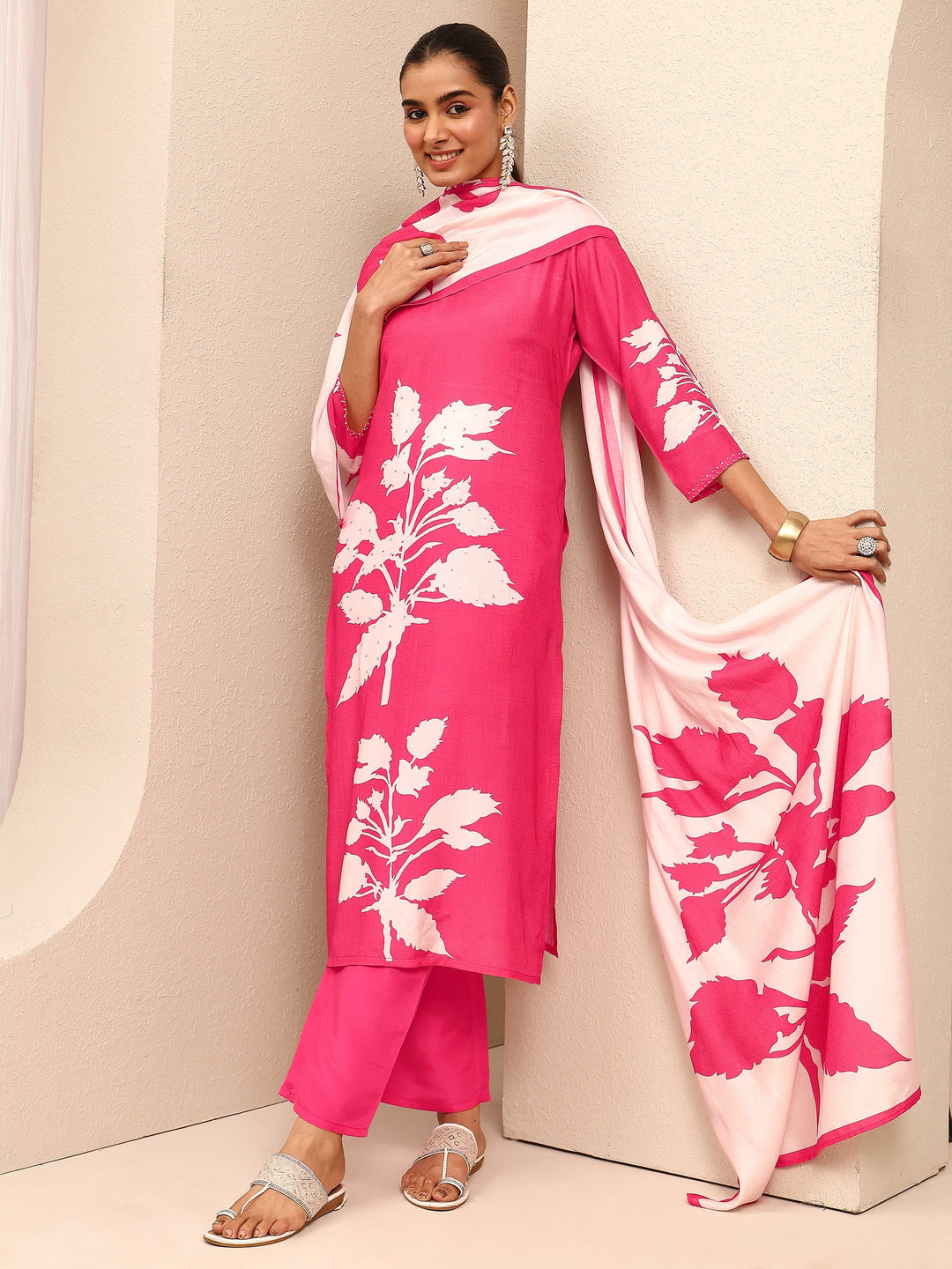 Pink Printed Muslin Straight Suit Set With Dupatta