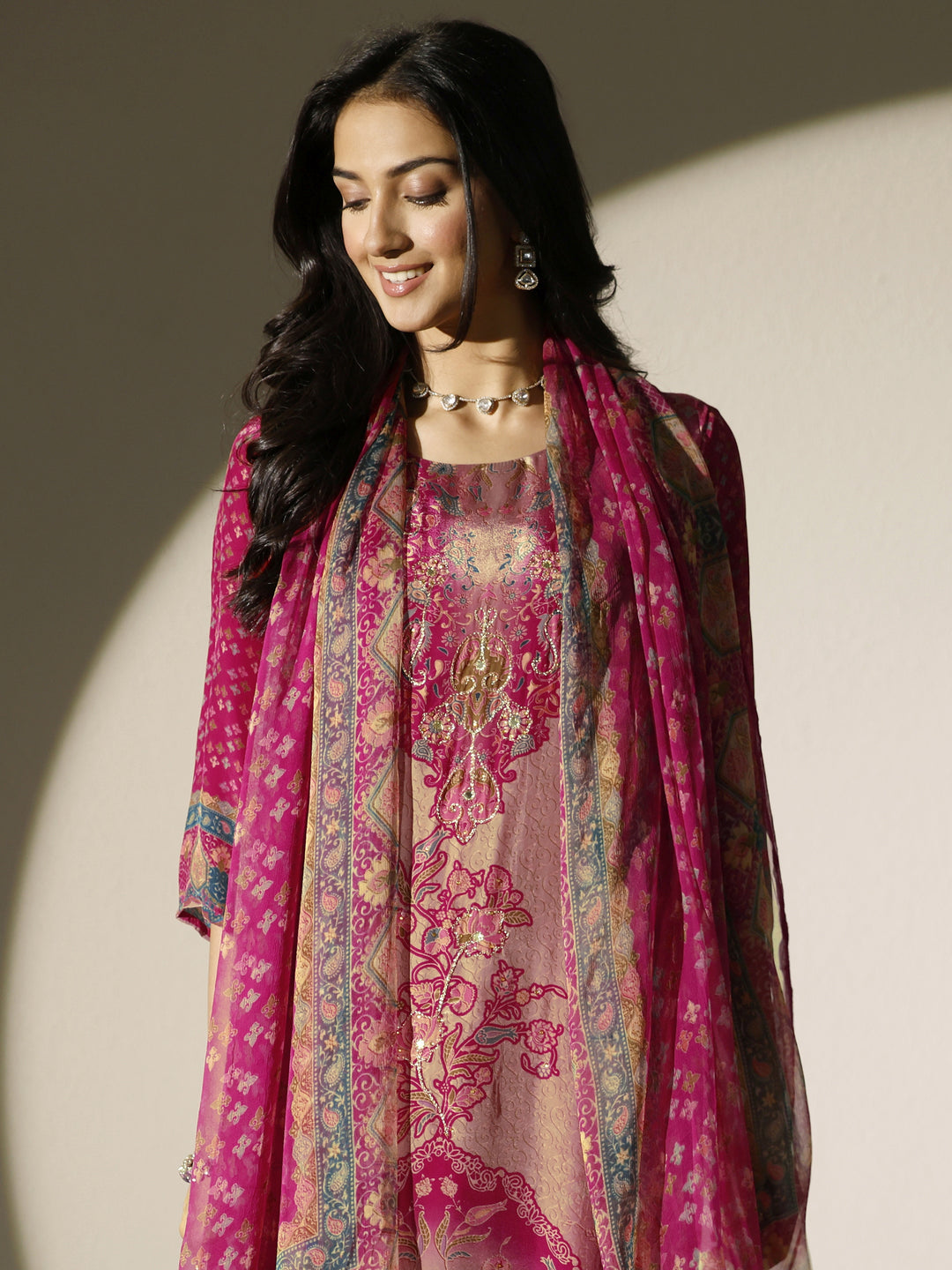 Pink Printed Muslin Straight Suit Set With Dupatta