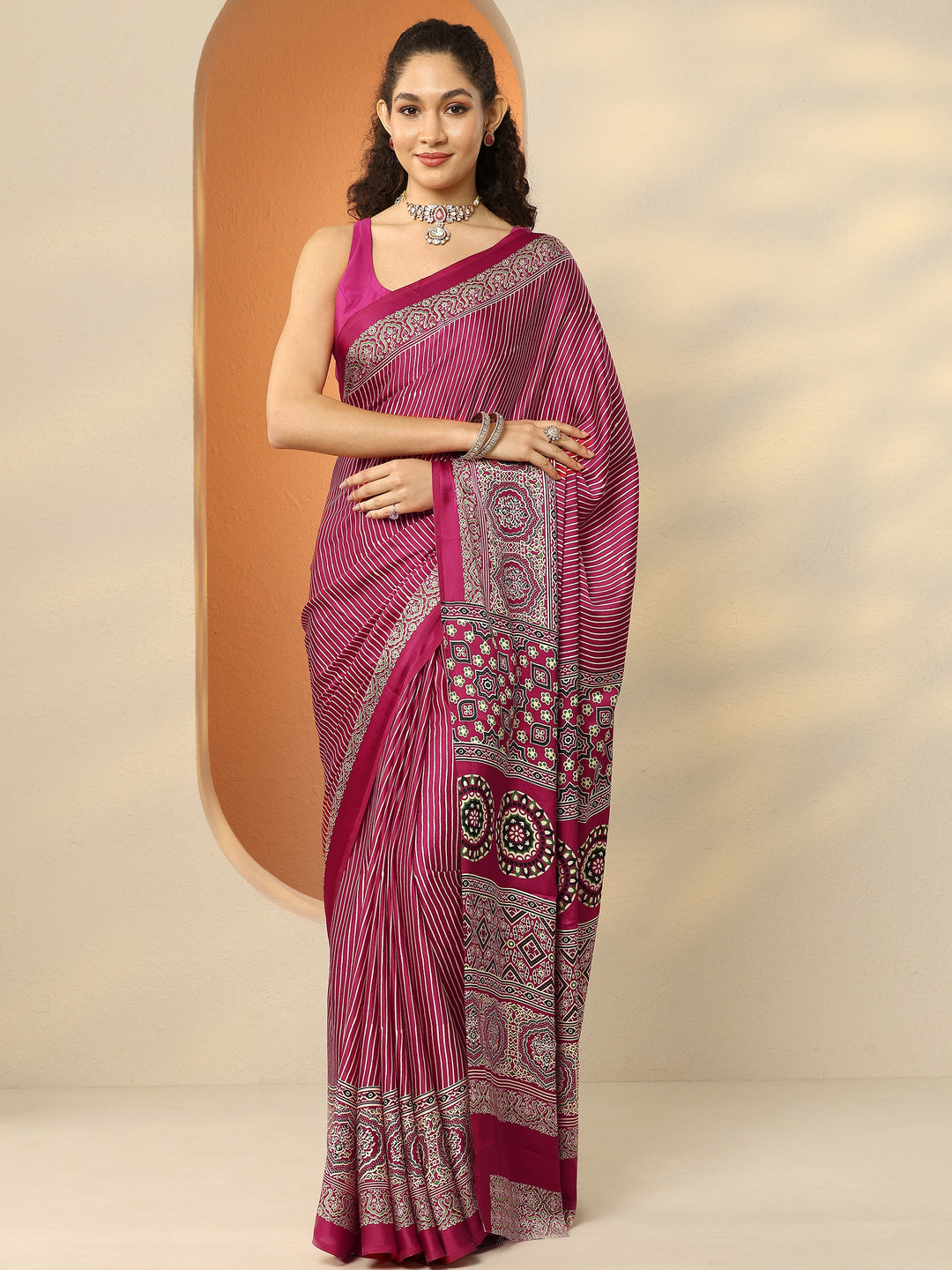 Pink Printed Satin Saree With Unstitched Blouse Piece