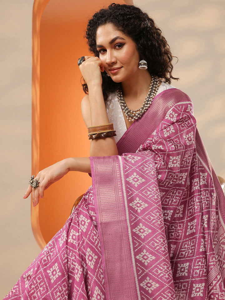 Pink Printed Silk Blend Saree With Unstitched Blouse Picece