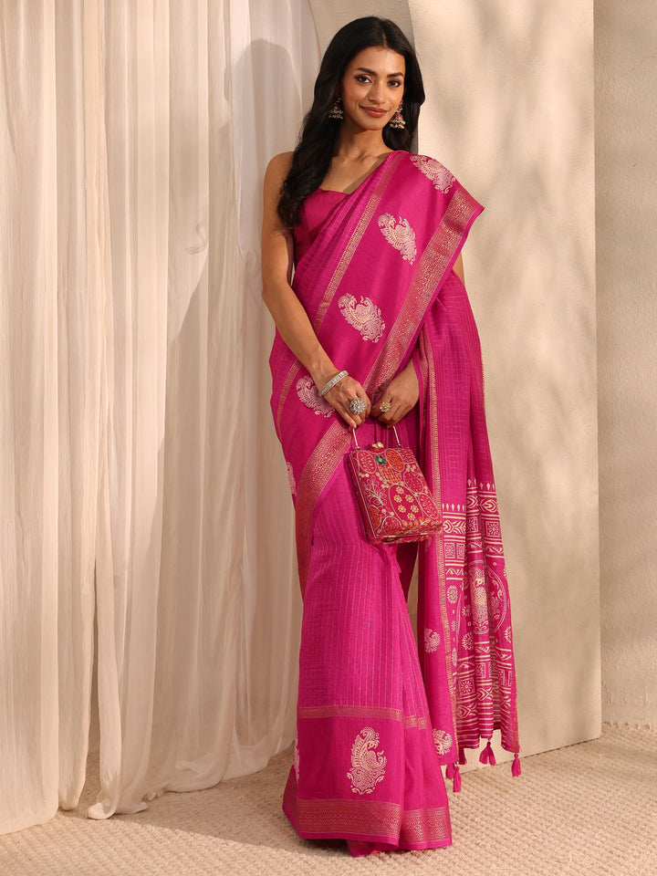 Pink Printed Silk Blend Saree 
With Unstitched Blouse Piece