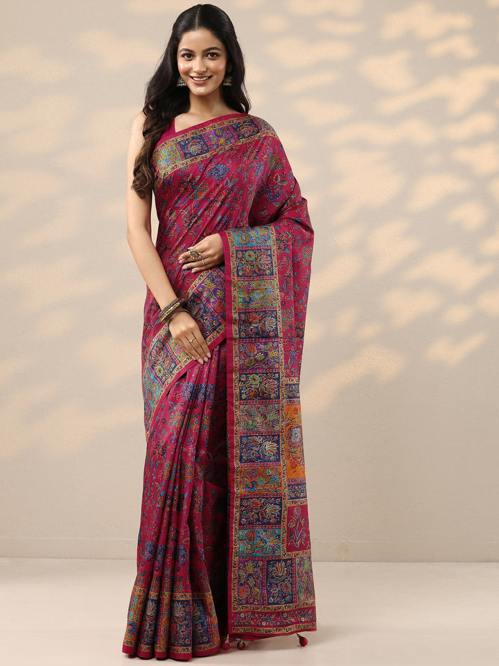 Pink Printed Silk Blend Saree With Unstitched Blouse Piece