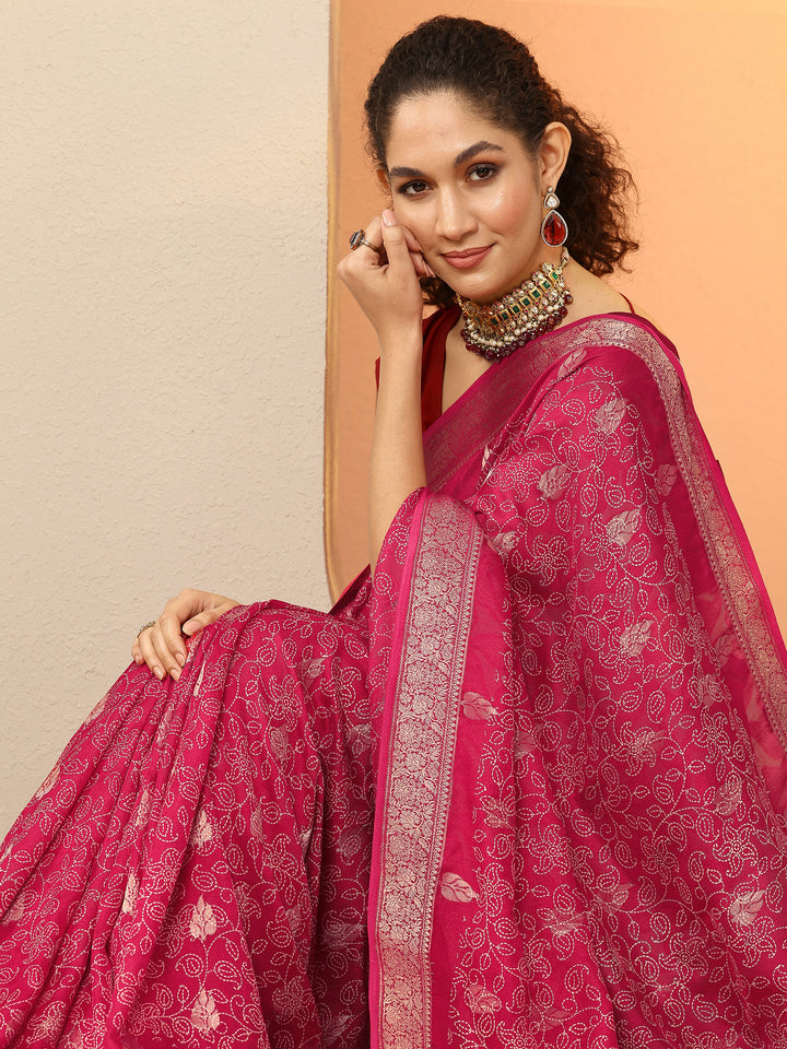 Pink Printed Silk Blend Saree With Unstitched Blouse Piece