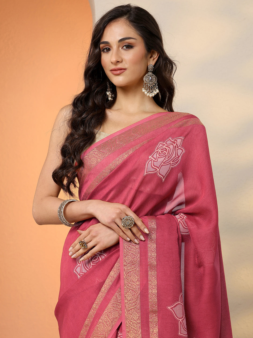 Pink Printed Silk Blend Saree With Unstitched Blouse Piece