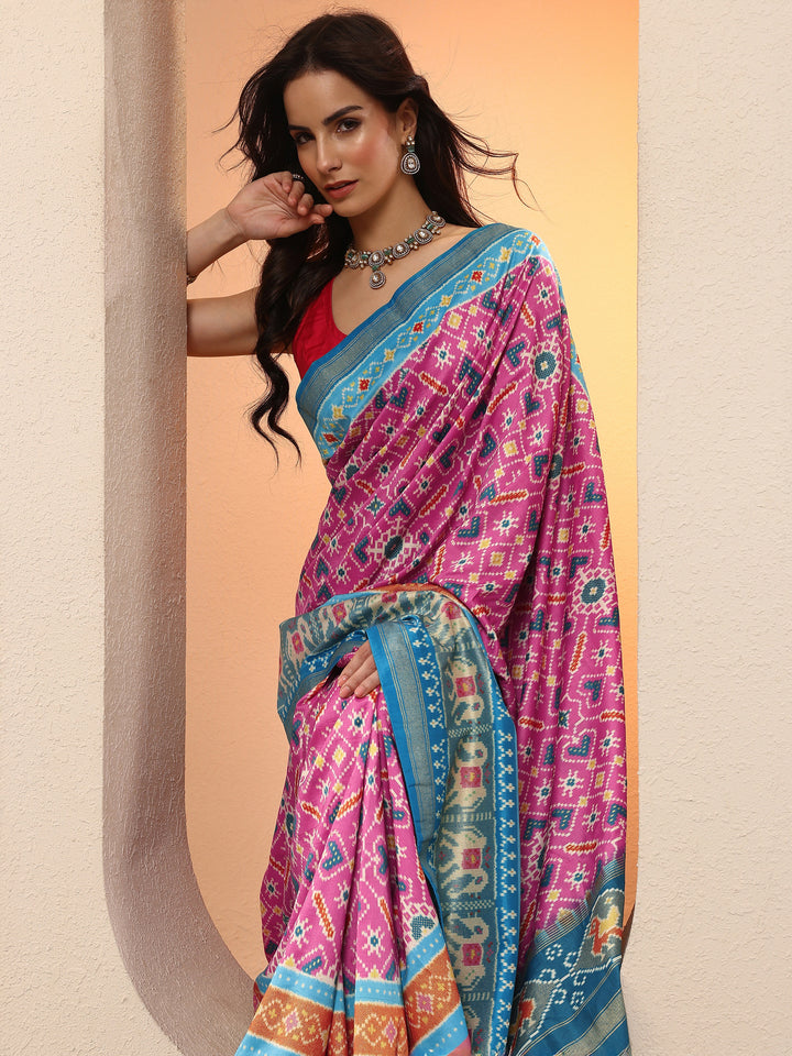 Pink Printed Silk Blend Saree With Unstitched Blouse Piece