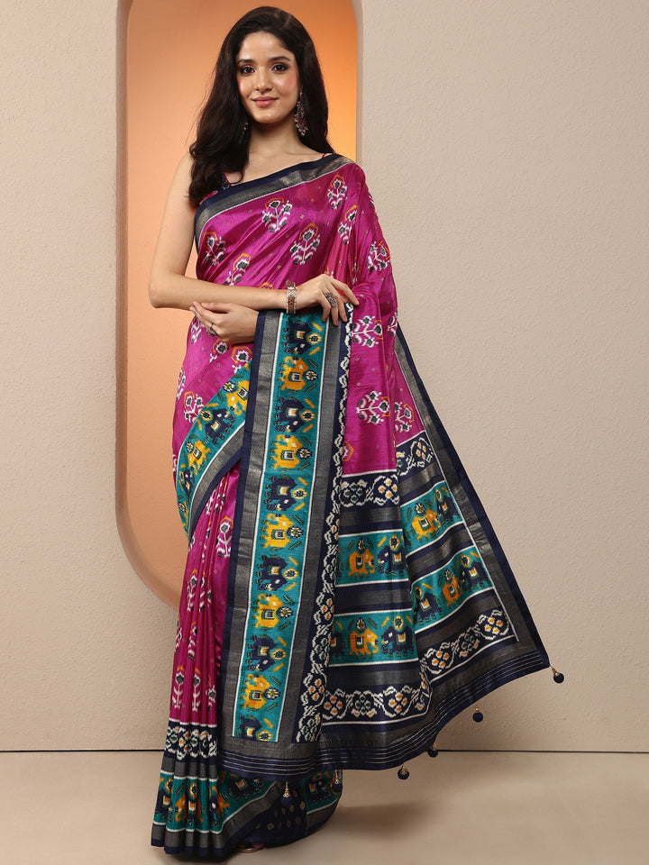 Pink Printed Silk Blend Saree With Unstitched Blouse Piece