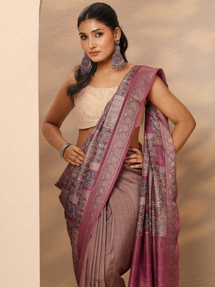 Pink Printed Silk Blend Saree With Unstitched Blouse Piece
