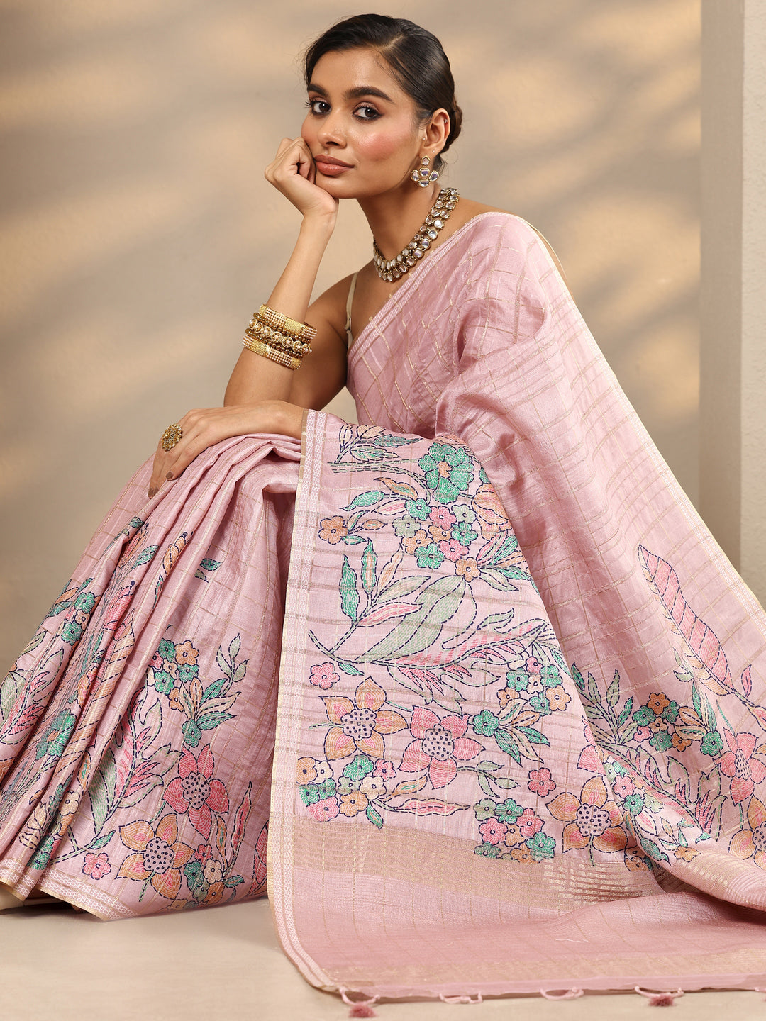 Pink Printed Silk Blend Saree With Unstitched Blouse Piece