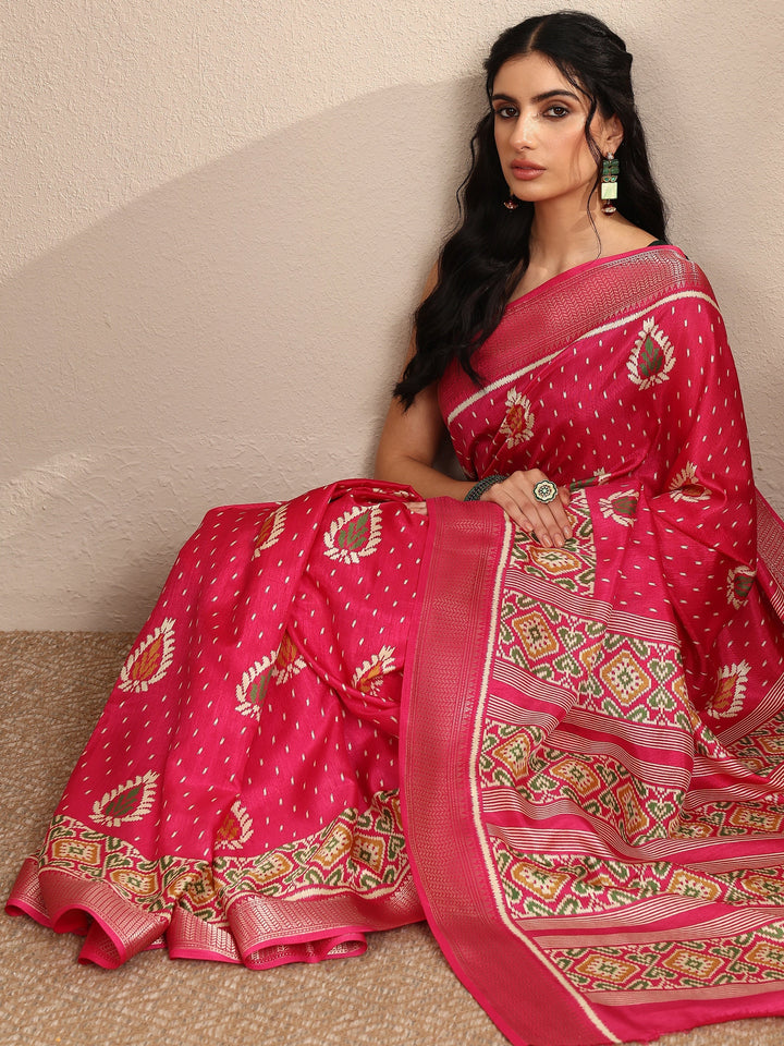 Pink Printed Silk Blend Saree With Unstitched Blouse Piece