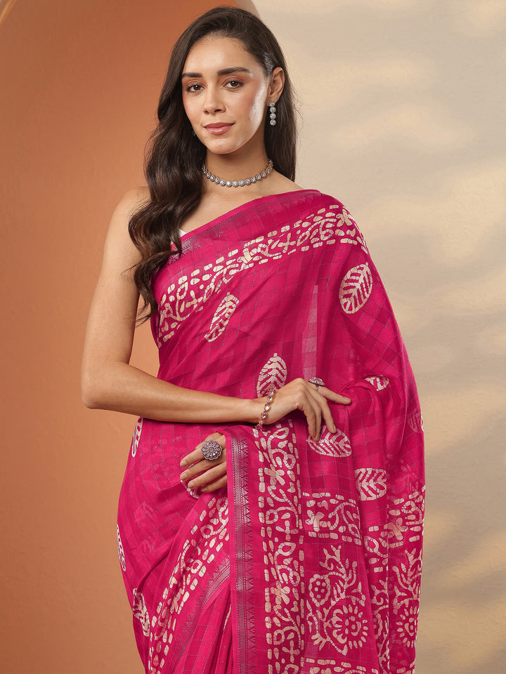 Pink Printed Silk Blend Saree With Unstitched Blouse Piece