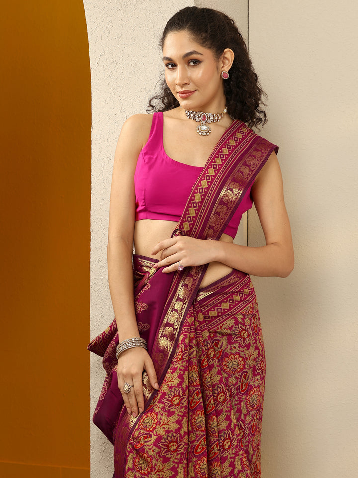Pink Printed Silk Blend Saree With Unstitched Blouse Piece