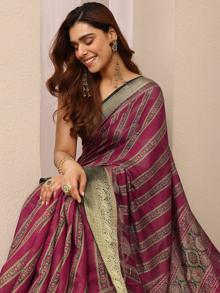 Pink Printed Silk Blend Saree With Unstitched Blouse Piece