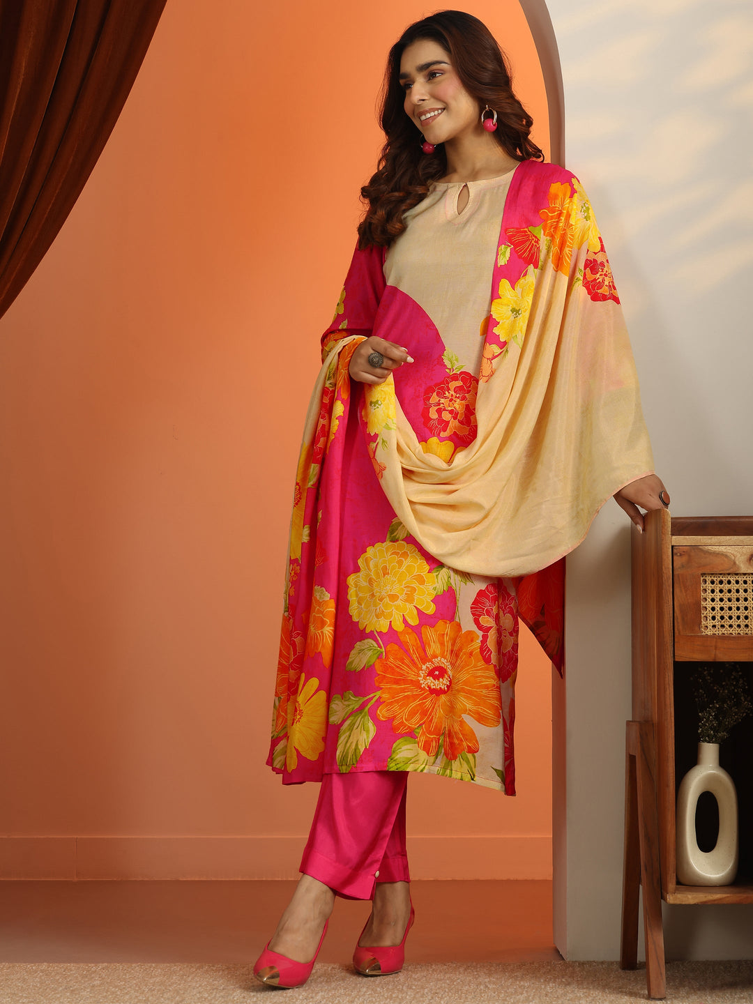 Pink Printed Silk Blend Straight Suit Set With Dupatta