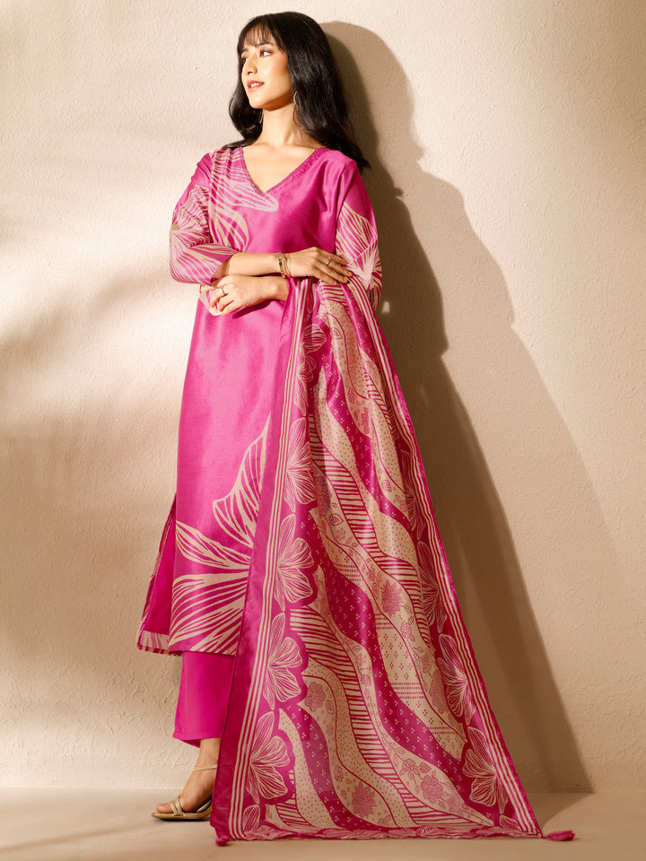 Pink Printed Silk Blend Straight Suit Set With Dupatta