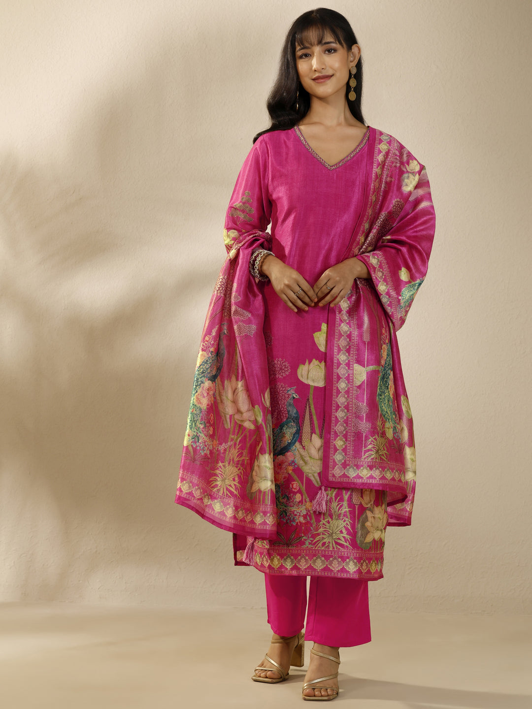 Pink Printed Silk Blend Straight Suit Set With Dupatta
