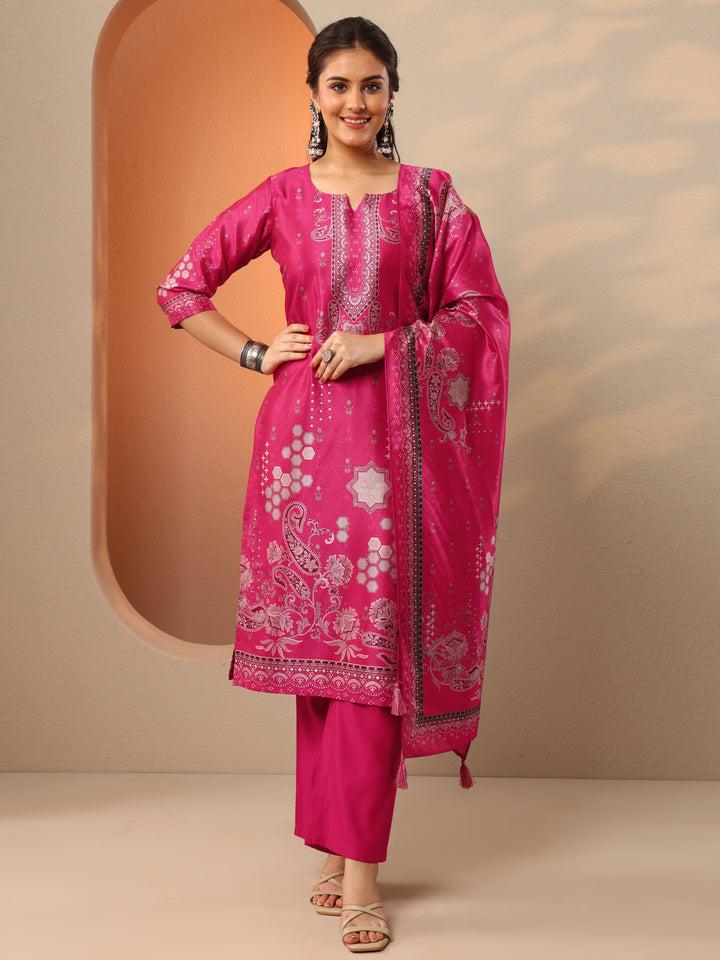 Pink Printed Silk Blend Straight Suit Set With Dupatta
