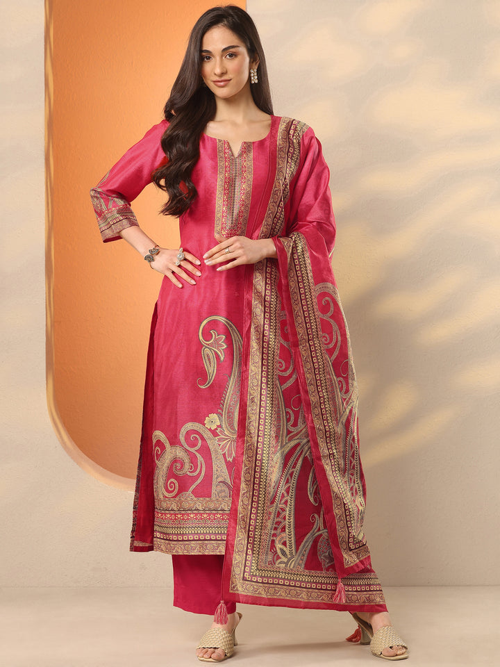 Pink Printed Silk Blend Straight Suit Set With Dupatta