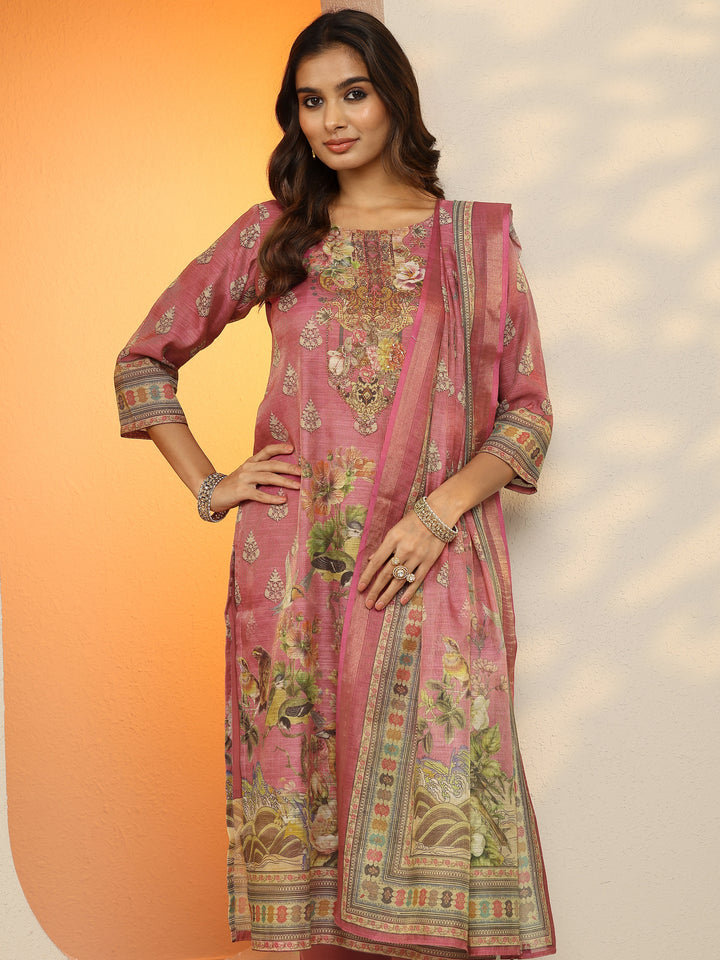 Pink Printed Silk Blend Straight Suit Set With Dupatta