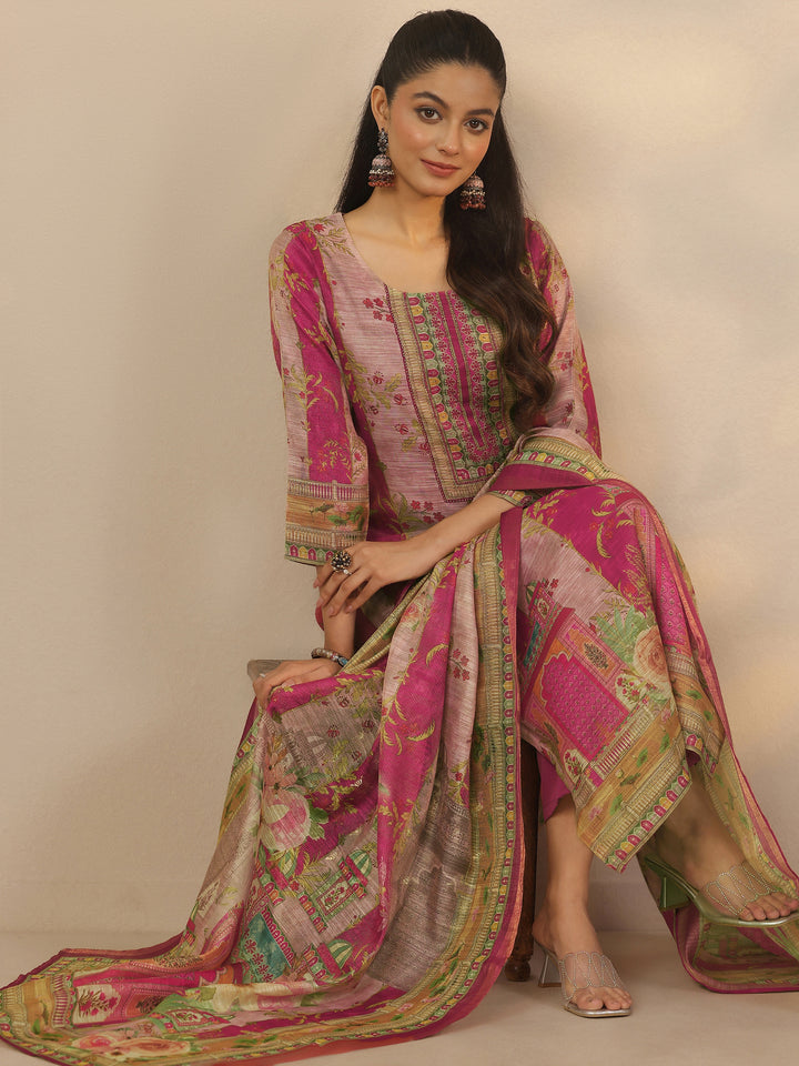 Pink Printed Silk Blend Straight Suit Set With Dupatta