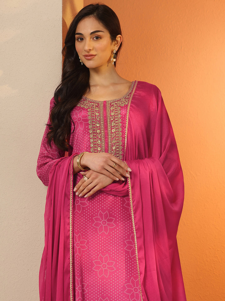 Pink Printed Silk Blend Straight Suit Set With Dupatta