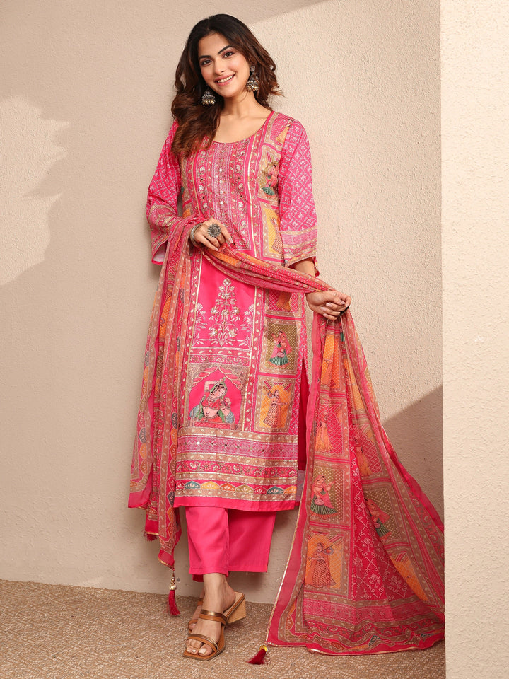 Pink Printed Silk blend Straight Suit Set With Dupatta