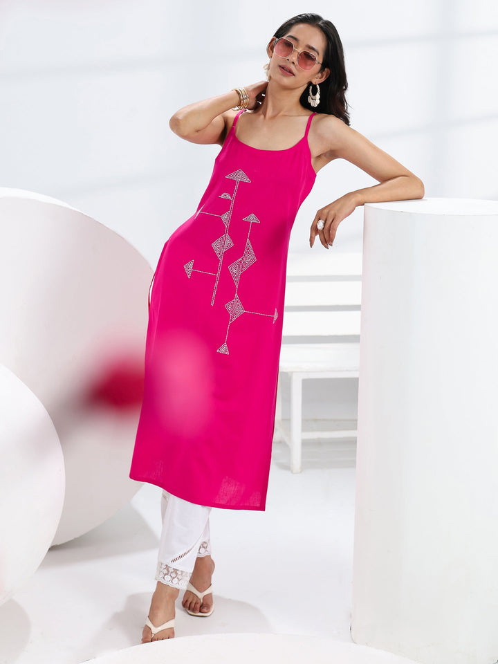 Pink Quirky Design Embroidered Cotton Straight Kurta