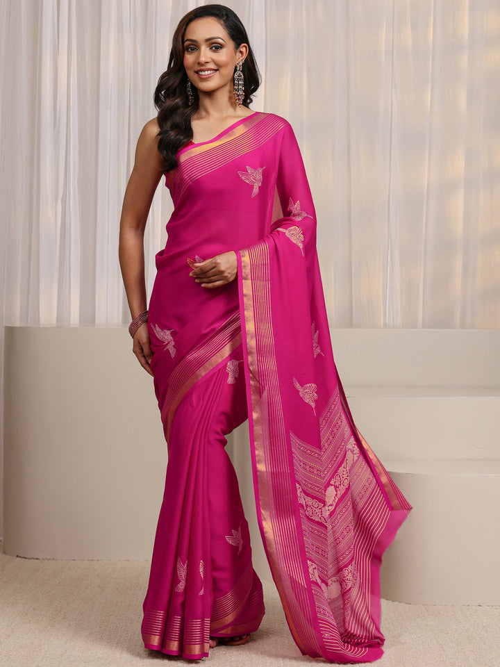 Pink Quirky Printed Silk Blend Saree 
With Unstitched Blouse Piece