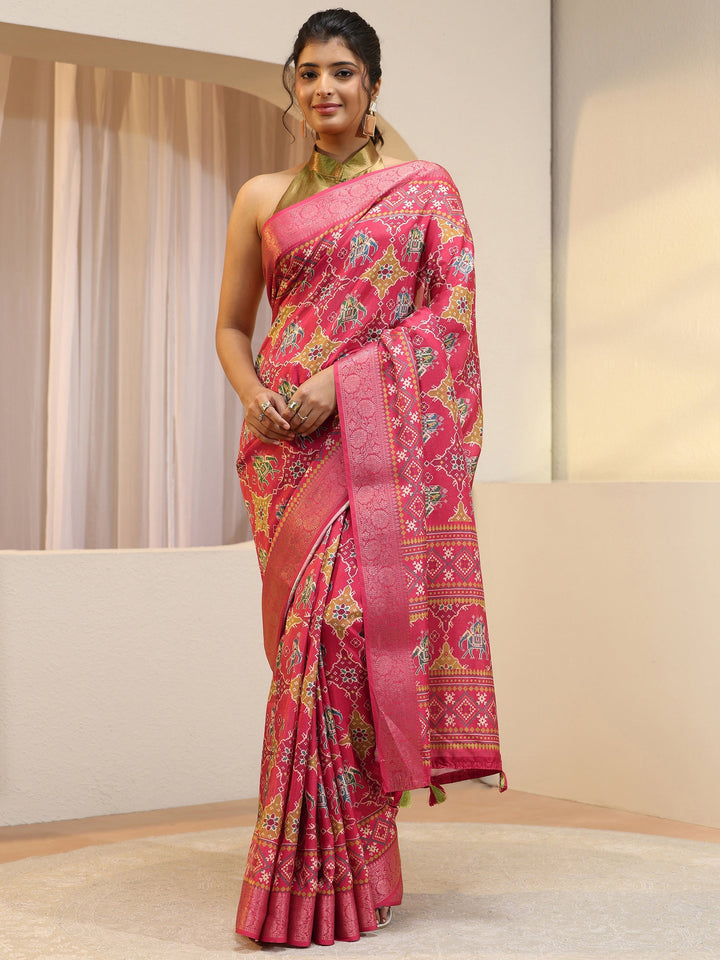 Pink Royal Elephant Print Silk Blend Patola Saree