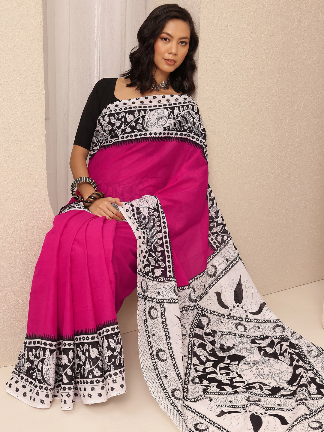 Pink Solid Cotton Saree With Unstitched Blouse Piece