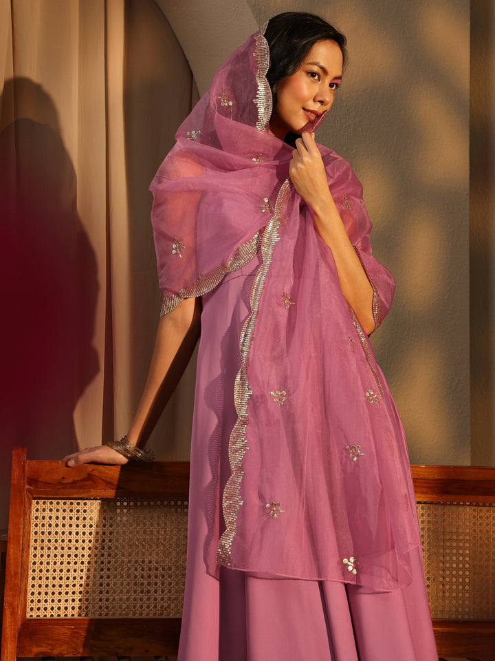 Pink Solid Satin Anarkali Suit Set With Dupatta