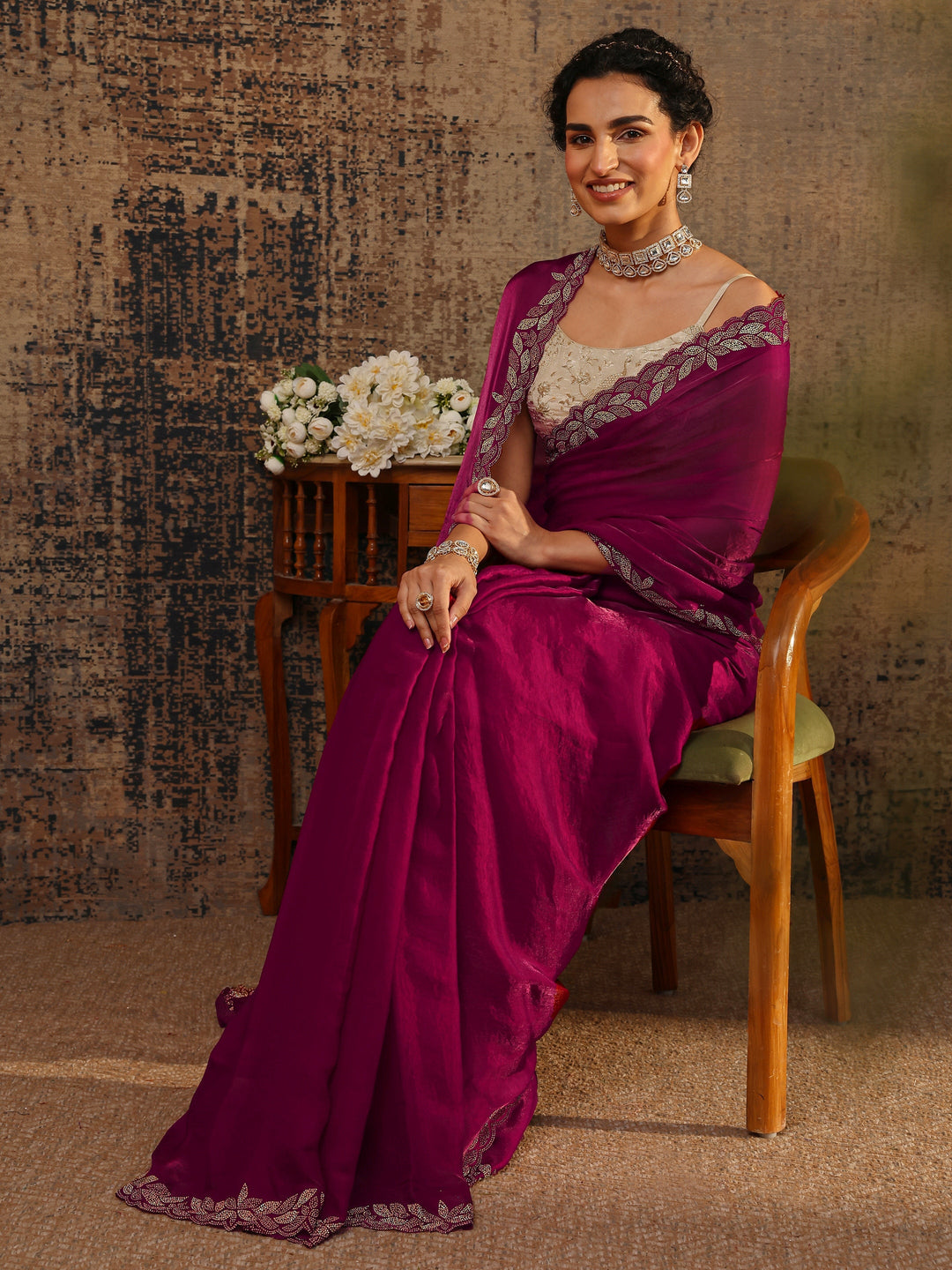 Pink Solid Satin Saree With Unstitched Blouse Piece
