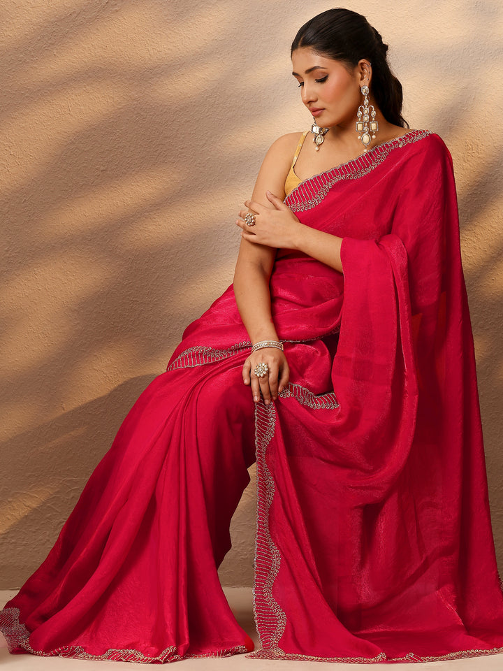 Pink Solid Silk Blend Saree With Unstitched Blouse Piece