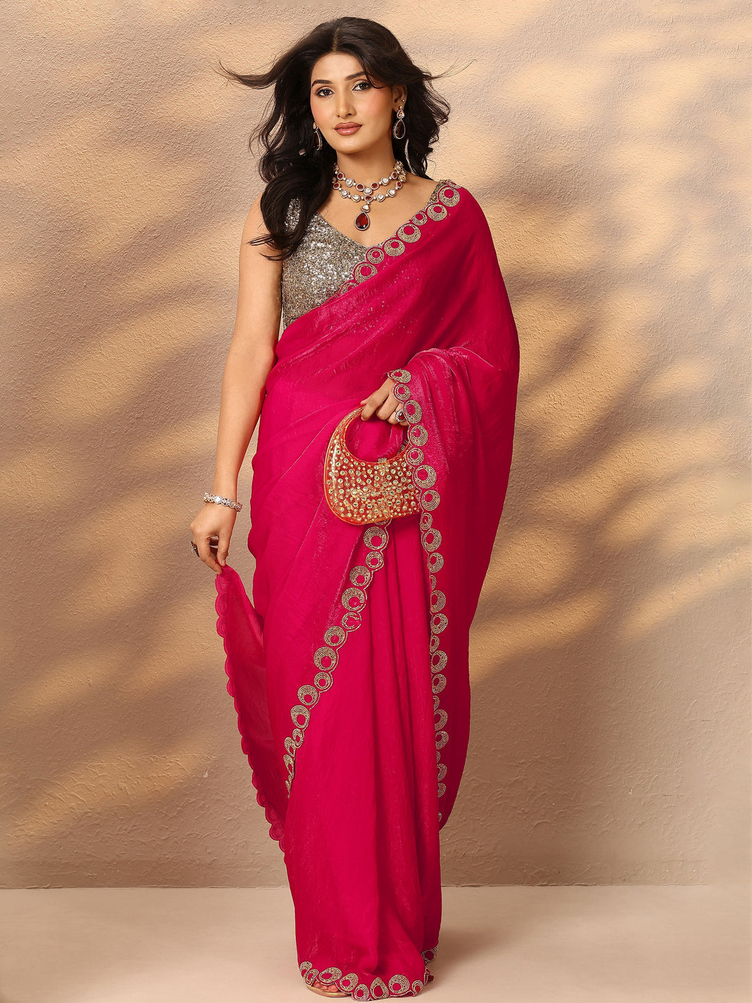 Pink Solid Silk Blend Saree With Unstitched Blouse Piece