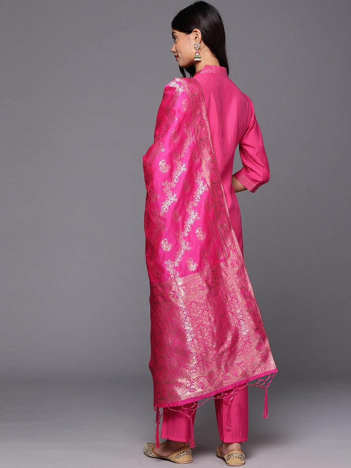 Pink Solid Silk Blend Straight Kurta With Trousers & Dupatta - Libas