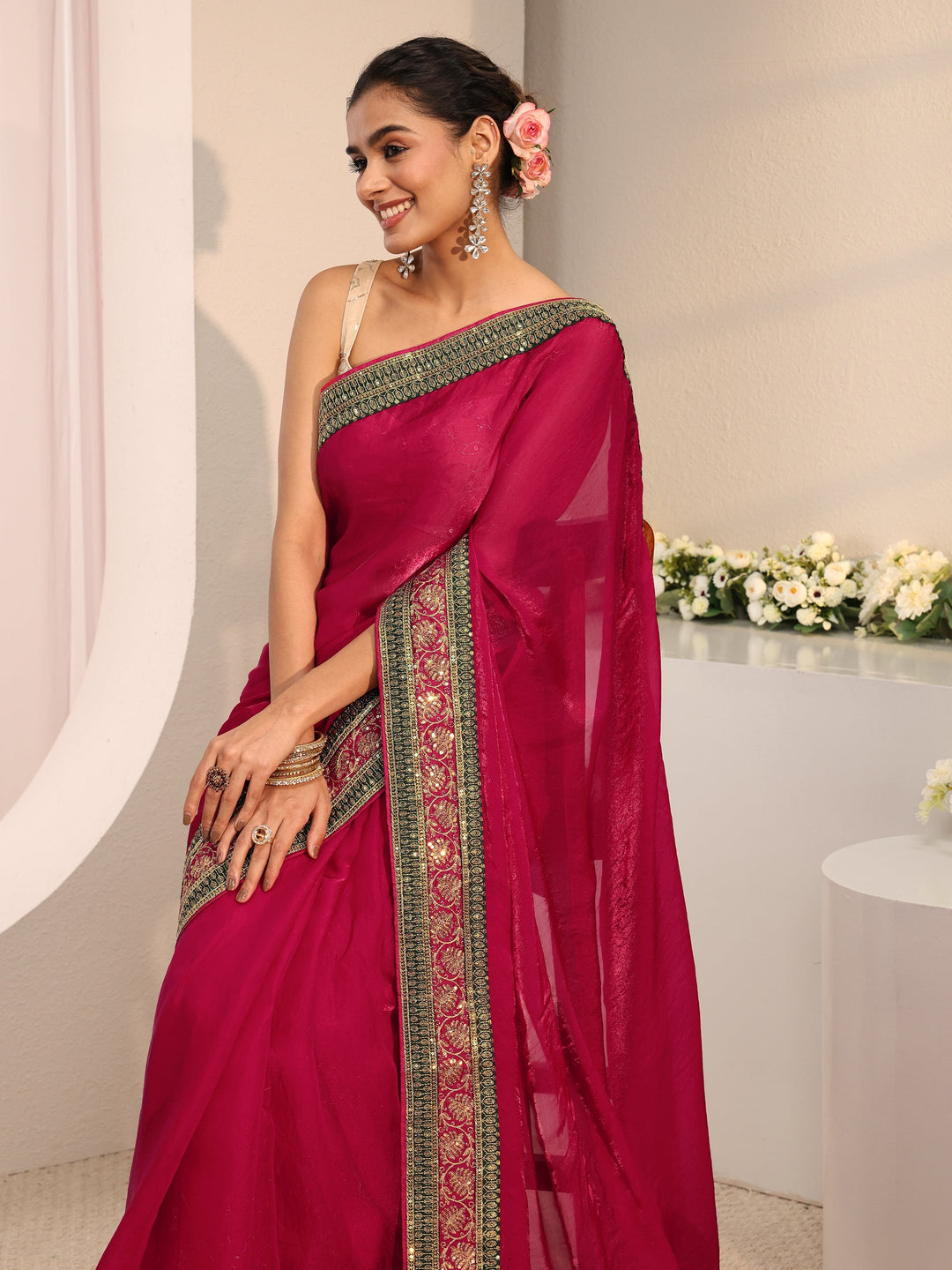 Pink Solid Tissue Saree With Unstitched Blouse Piece