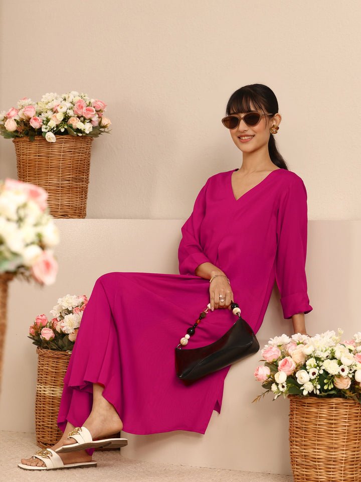 Pink Solid Viscose Rayon A-Line Kurta Set