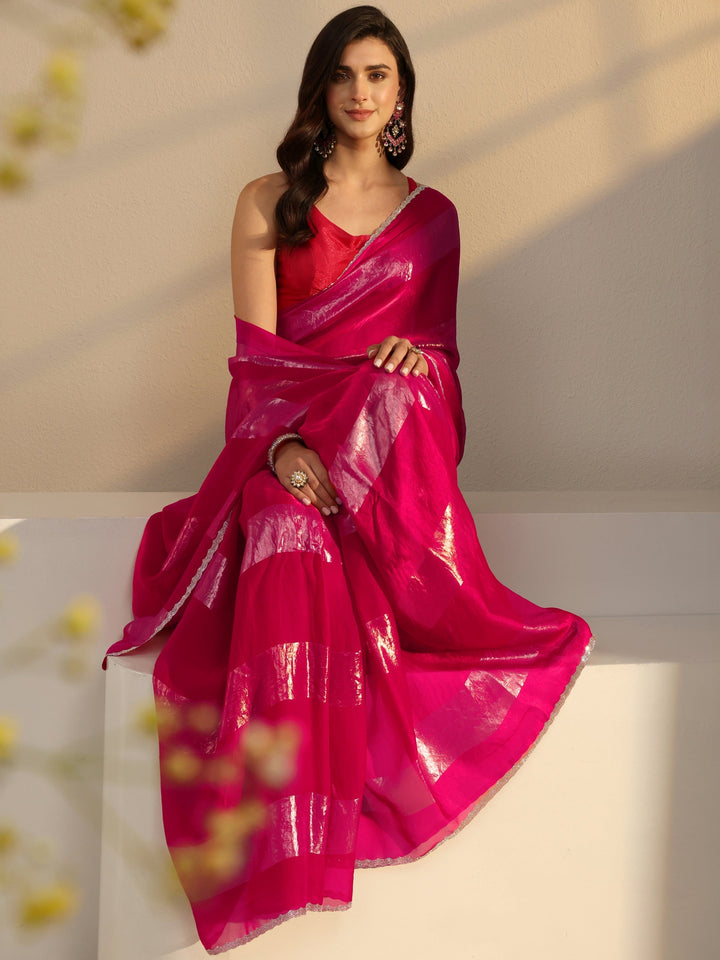 Libas Pink Striped Embellished Tissue Saree With Unstitched Blouse Piece