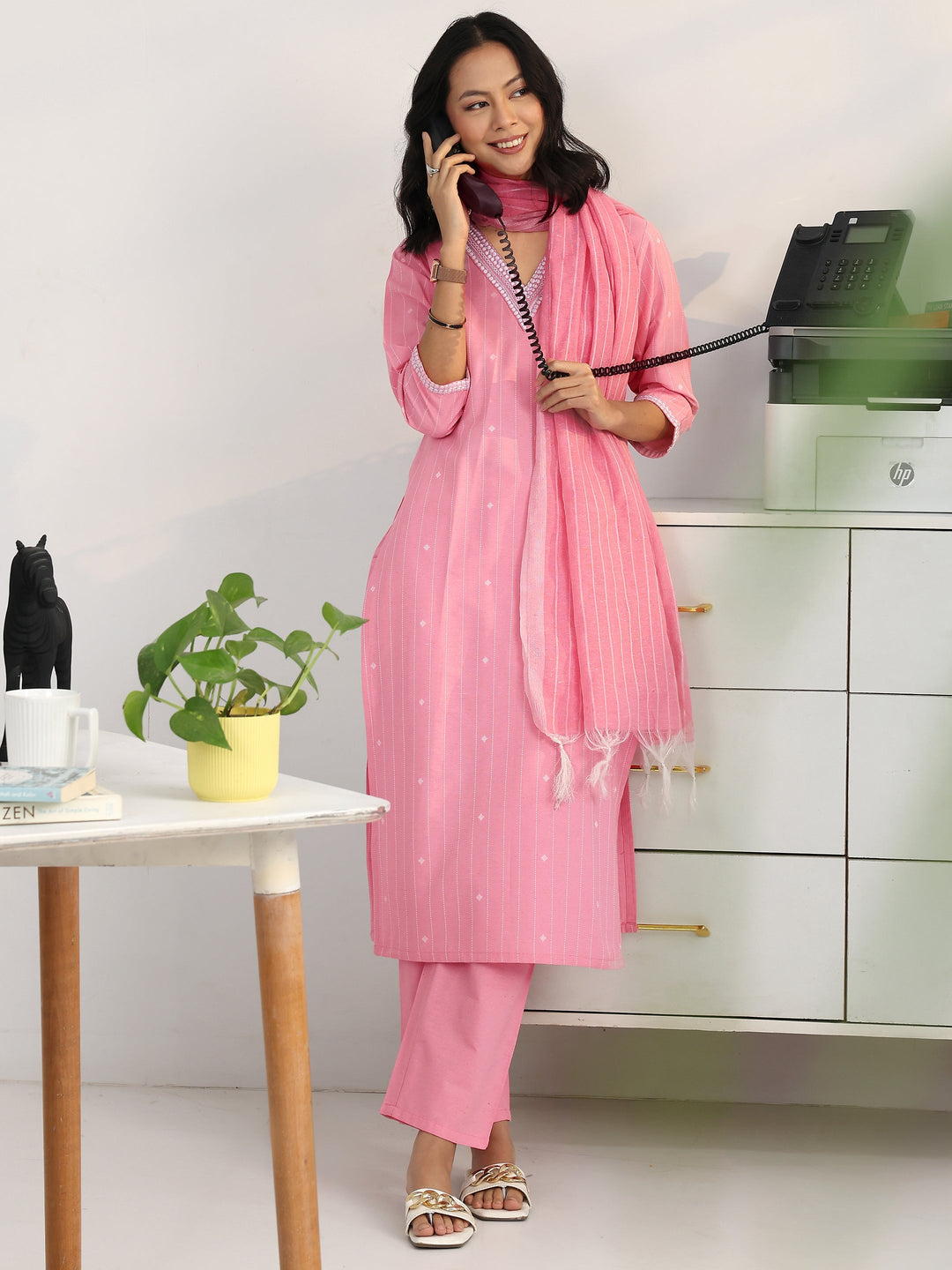 Pink Striped Woven Design Cotton Blend Straight Suit Set With Dupatta