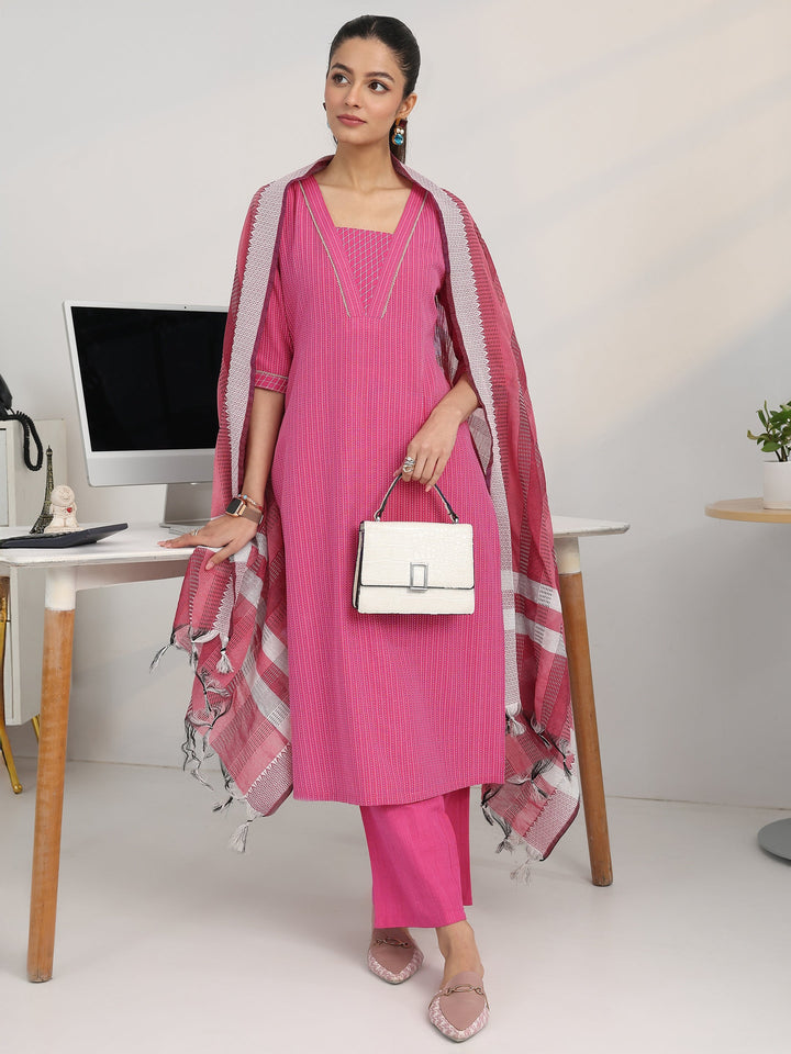 Pink Striped Woven Design Cotton Blend Straight Suit Set With Dupatta
